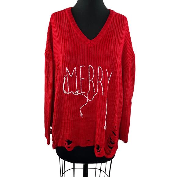 PEACE LOVE WORLD Red Destructed Affirmation V-Neck "Merry" Pullover Sweater 1X - Picture 1 of 9